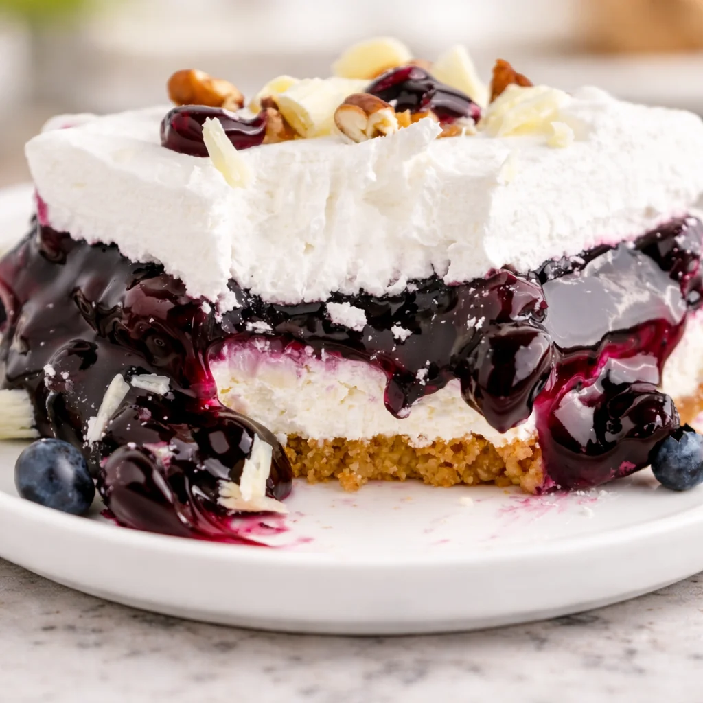 Delicious Blueberry Delight dessert with layers of cream cheese, blueberry filling, and graham cracker crust.