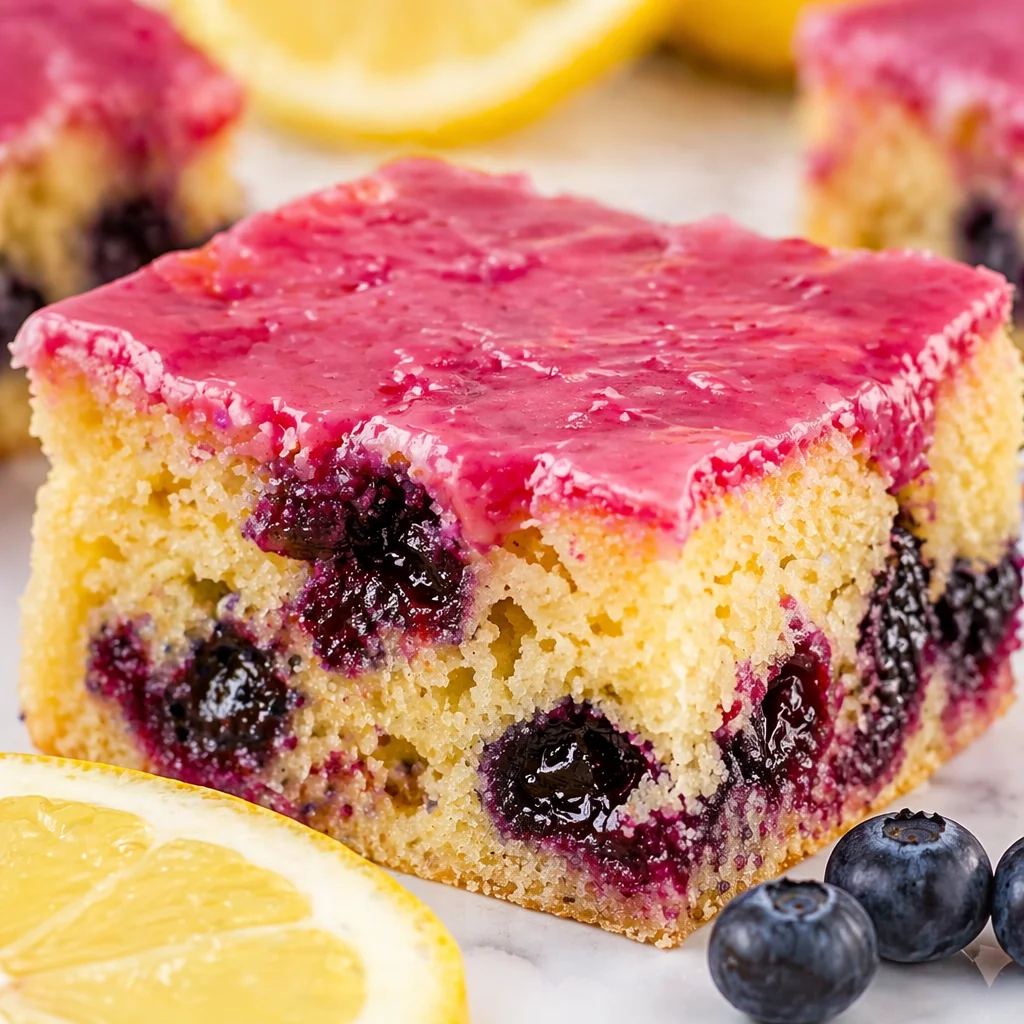 Delicious Blueberry Lemon Blondies topped with fresh blueberries and lemon glaze