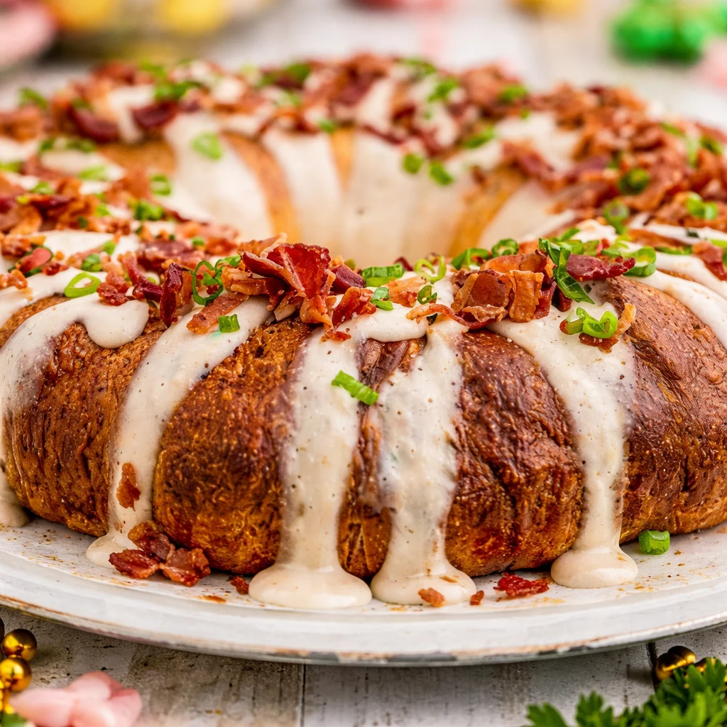 Savory Boudin King Cake filled with spicy boudin and topped with pepper jack cheese.