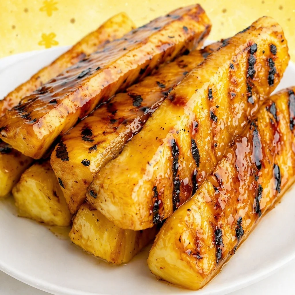 Brown Sugar Grilled Pineapple coated in caramelized brown sugar and cinnamon.