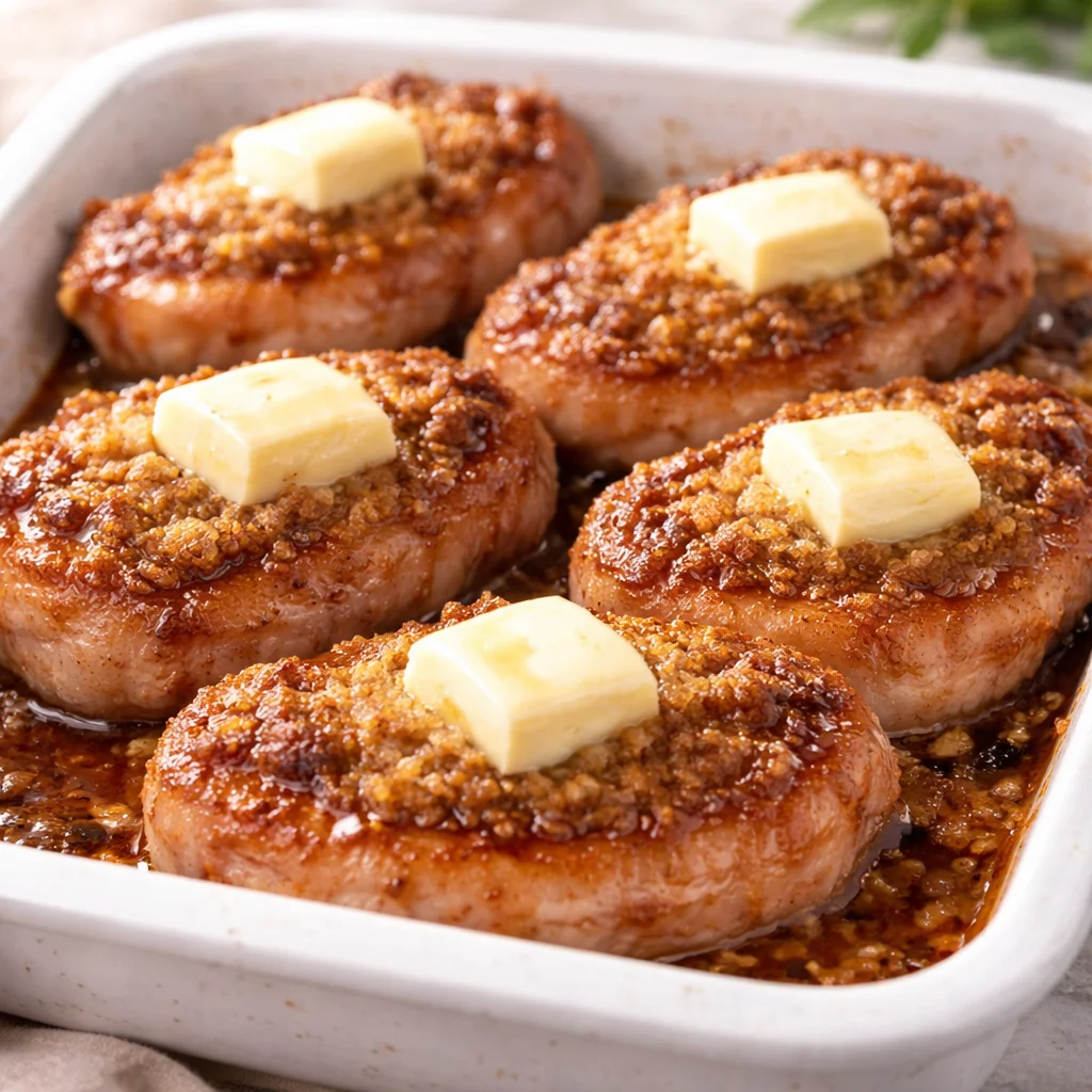 Juicy Brown Sugar Pork Chops garnished with herbs on a plate