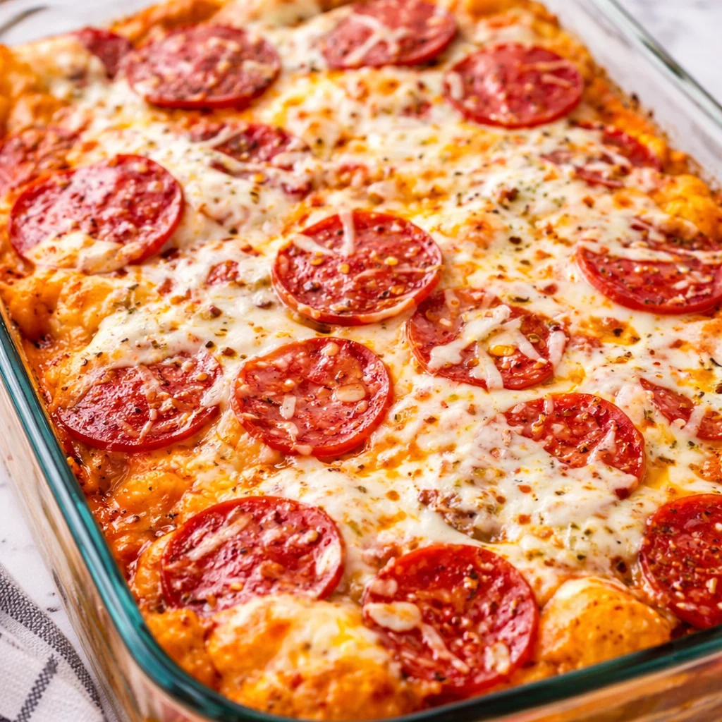 Delicious Bubble Up Pizza Casserole with cheese, pepperoni, and biscuit pieces.