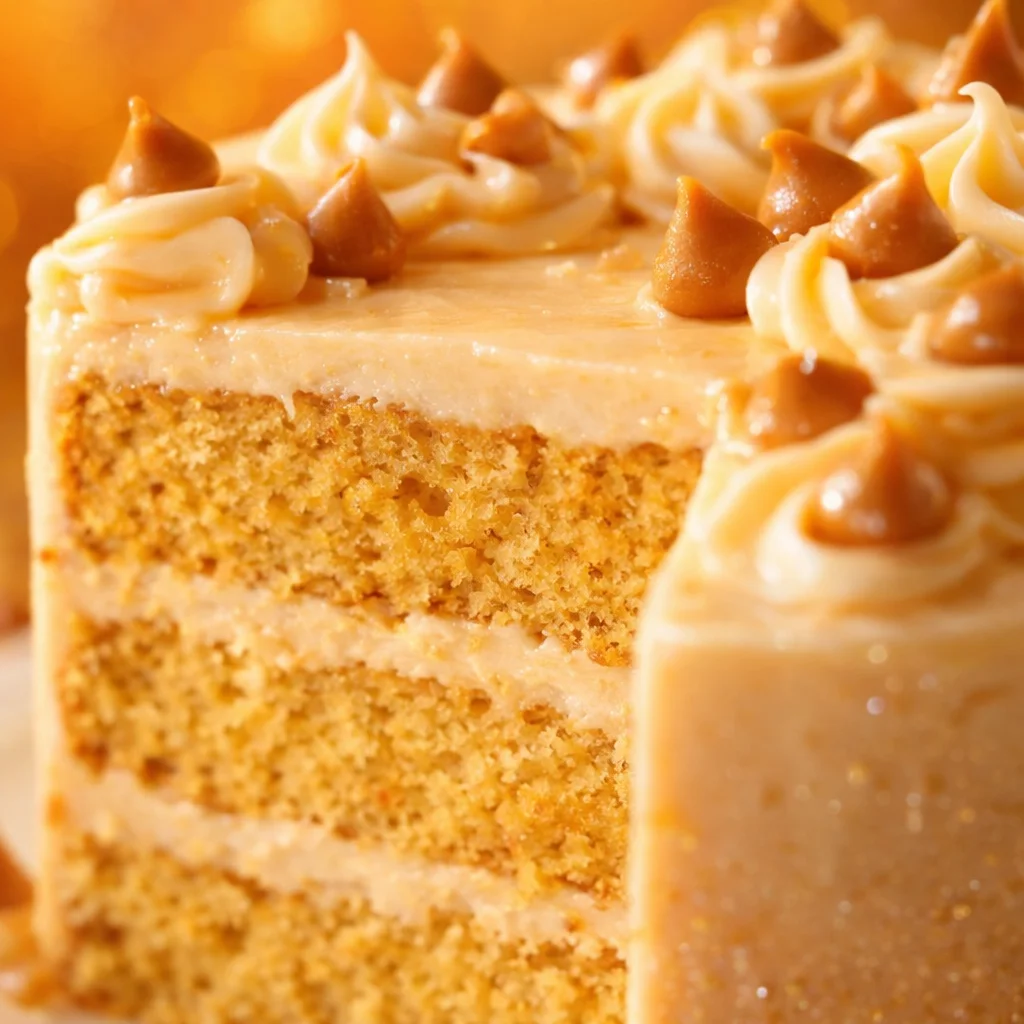 Delicious Butterscotch Cake topped with creamy butterscotch icing and chocolate frosting.