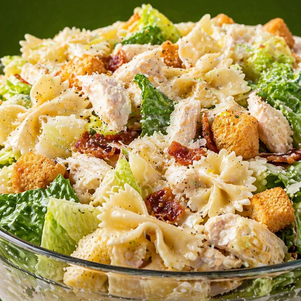 Delicious CAESAR PASTA SALAD with homemade dressing and fresh ingredients.
