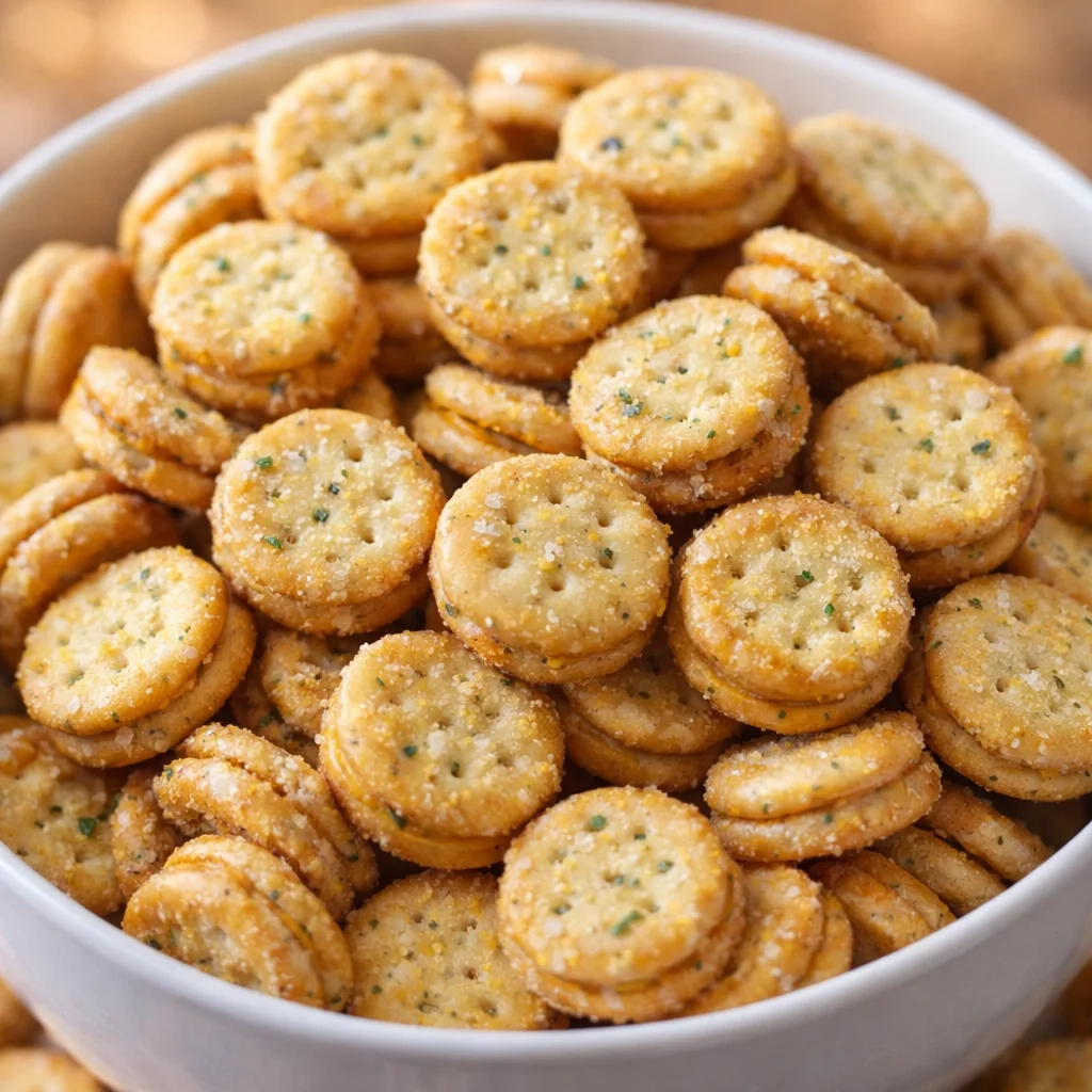 Bowl of Cheesy Ranch Crackers seasoned with ranch, oil, and garlic powder.