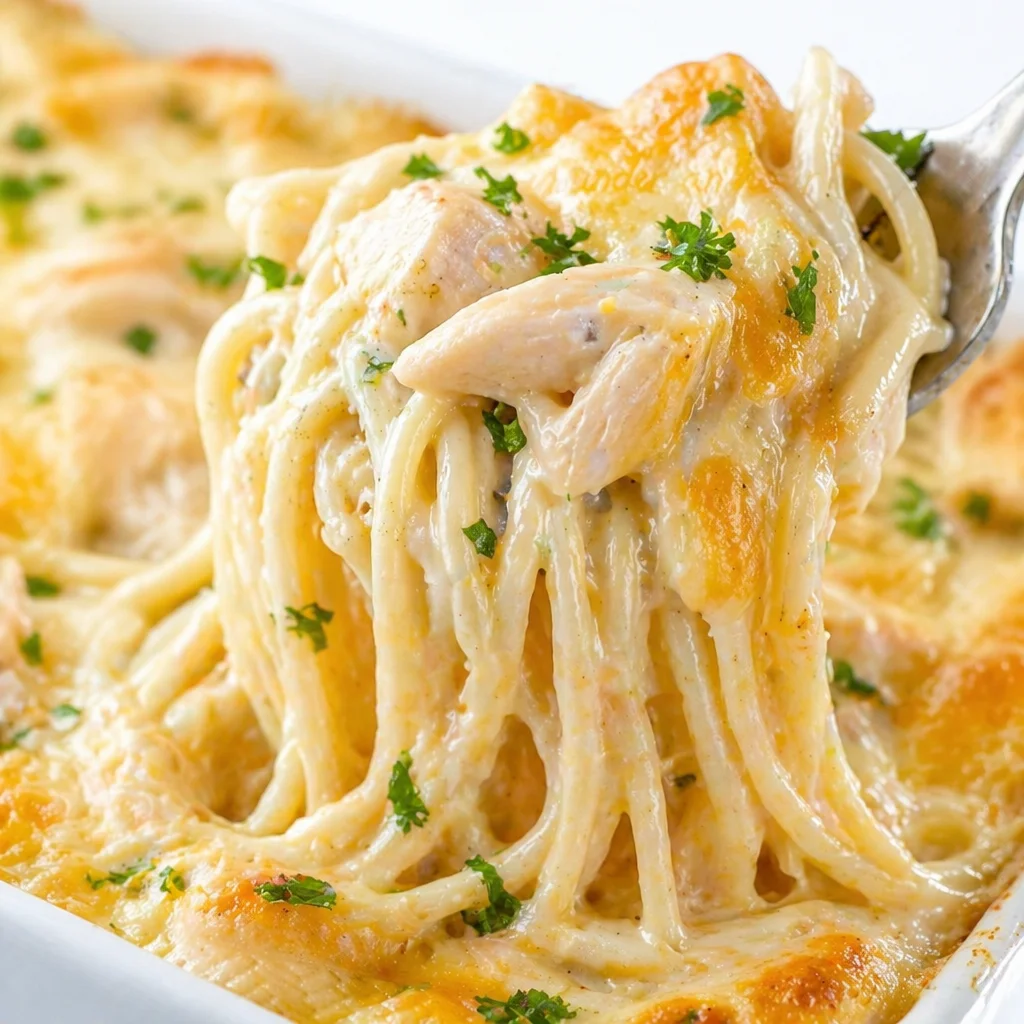 Delicious Chicken Tetrazzini pasta bake with chicken, mushrooms, and creamy sauce