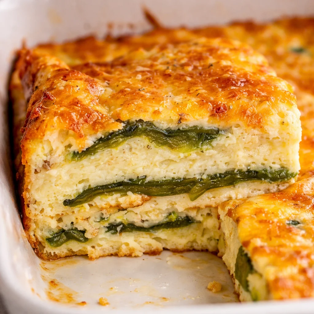 Delicious Chile Rellenos Casserole with layers of cheese, poblanos, and fluffy eggs.