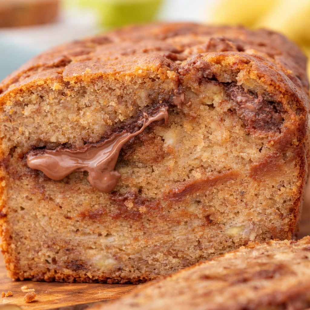 Delicious slice of chocolate stuffed banana bread with gooey chocolate chunks.