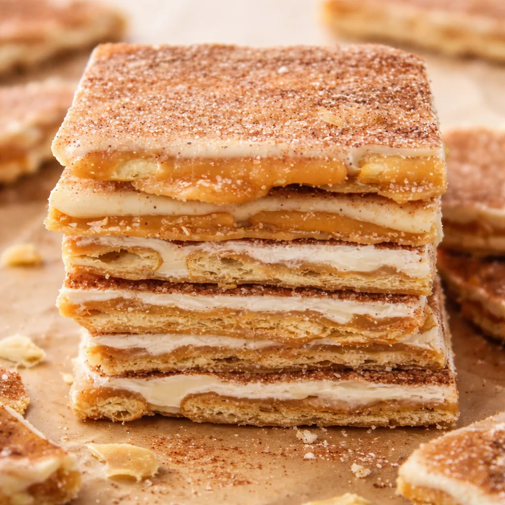 Delicious Churro Saltine Toffee made with salted crackers, caramel, and cinnamon sugar.