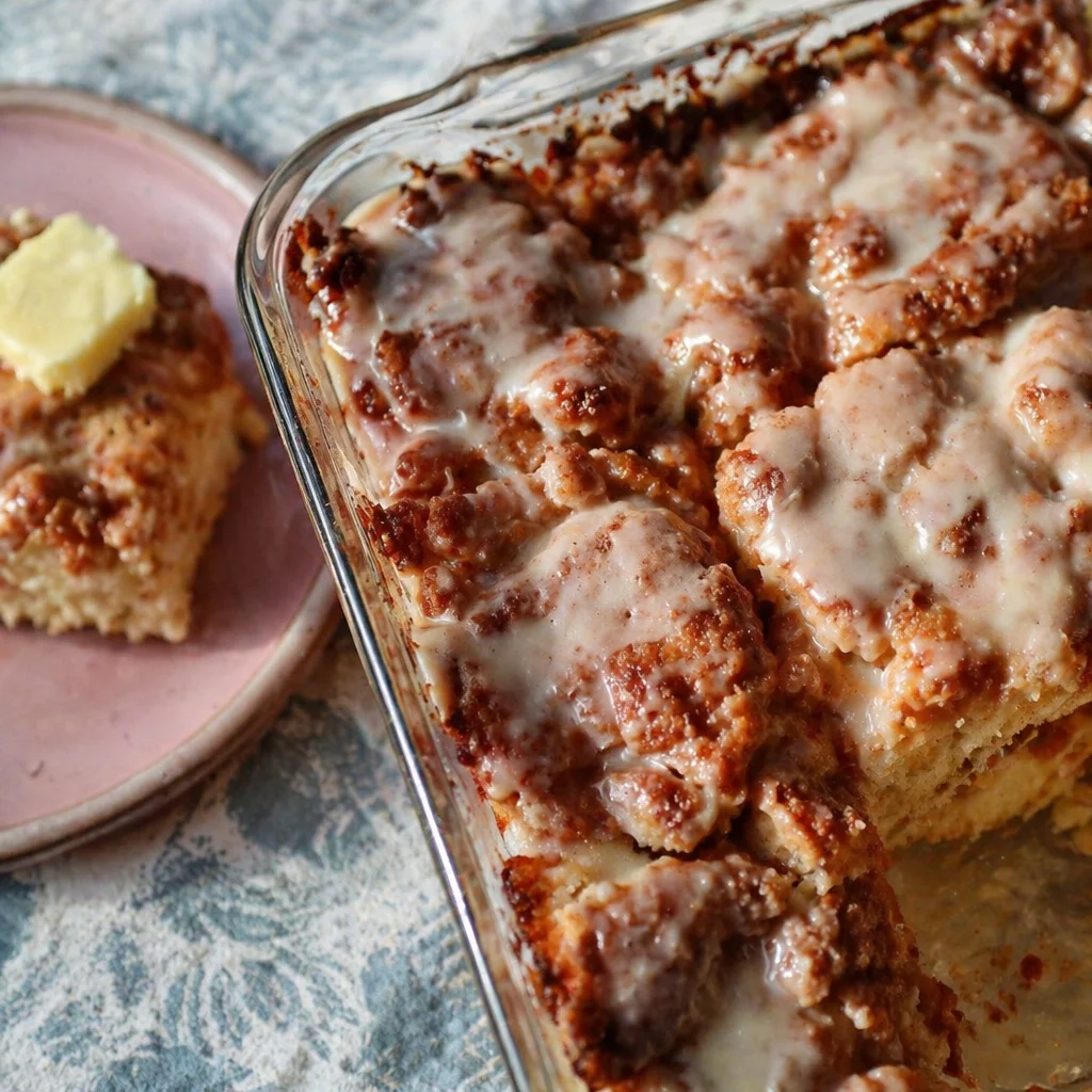 Cinnamon Brown Sugar Butter Swim Biscuits topped with cinnamon and sugar glaze.