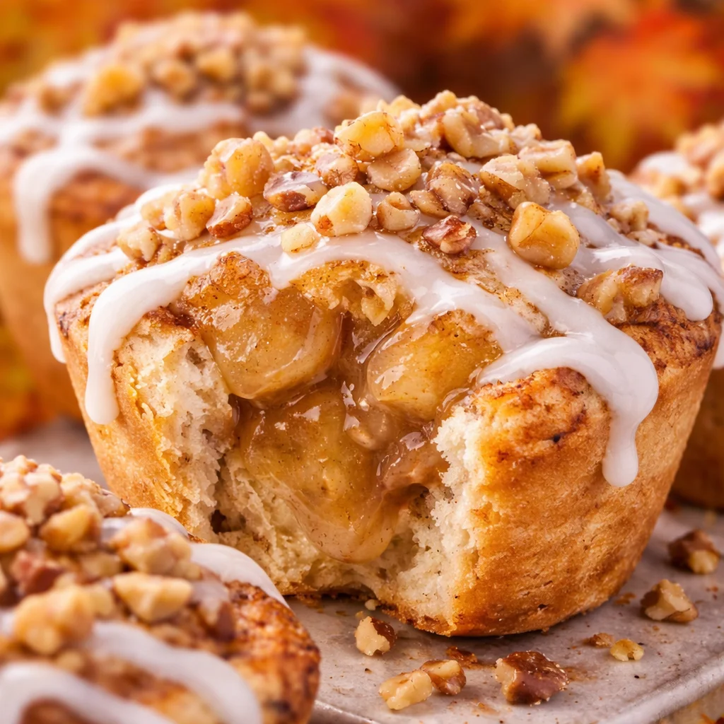 Delicious Cinnamon Roll Apple Pie Cups filled with warm apple pie filling.