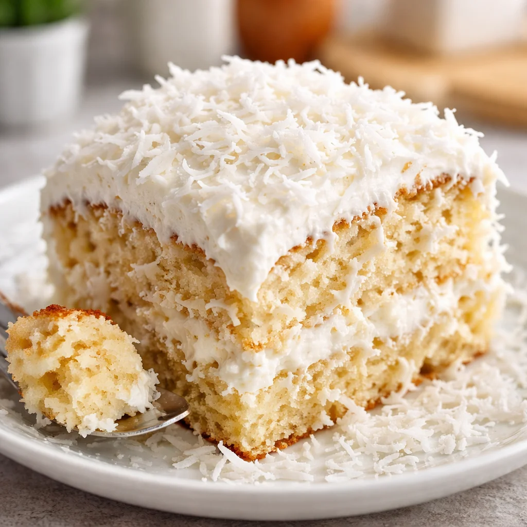 Deliciously moist Coconut Cream Poke Cake with a creamy topping and toasted coconut.