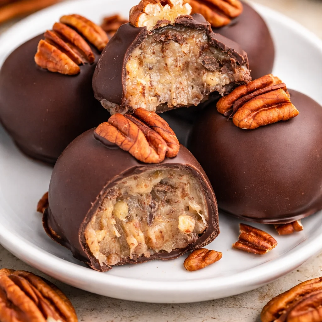 Delicious condensed milk pecan balls rolled in chocolate and chopped pecans.