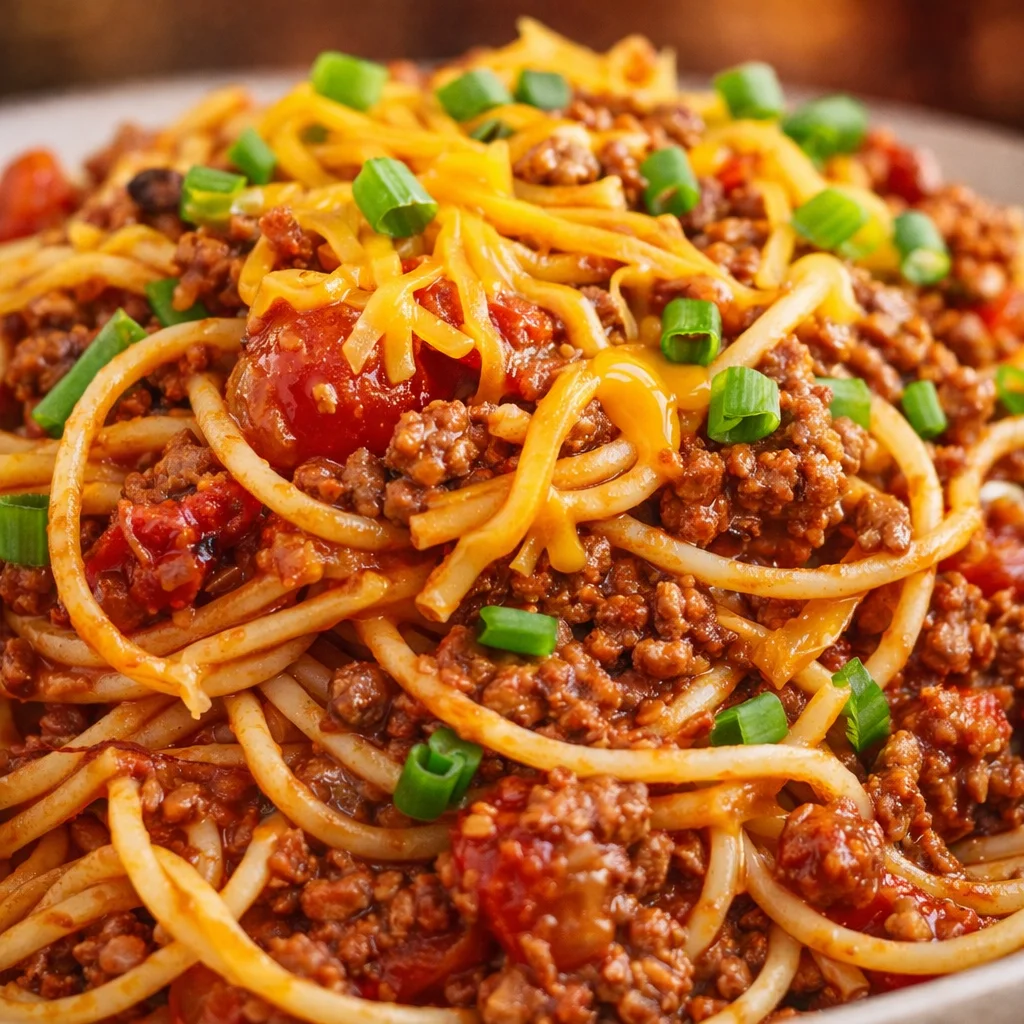Delicious Cowboy Spaghetti with bacon, ground beef, and cheese in a spicy tomato sauce.