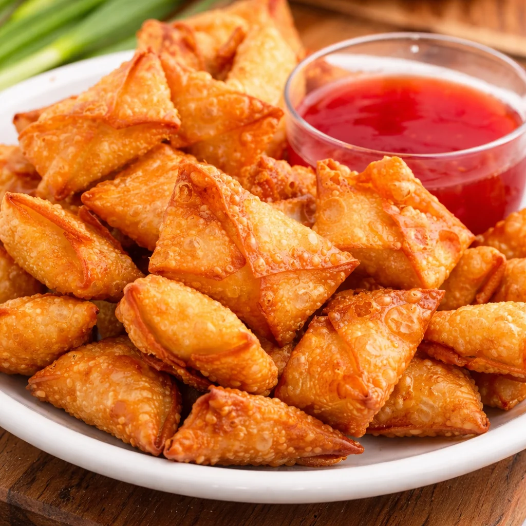 Crispy Crab Rangoon appetizers filled with cream cheese and crab meat.