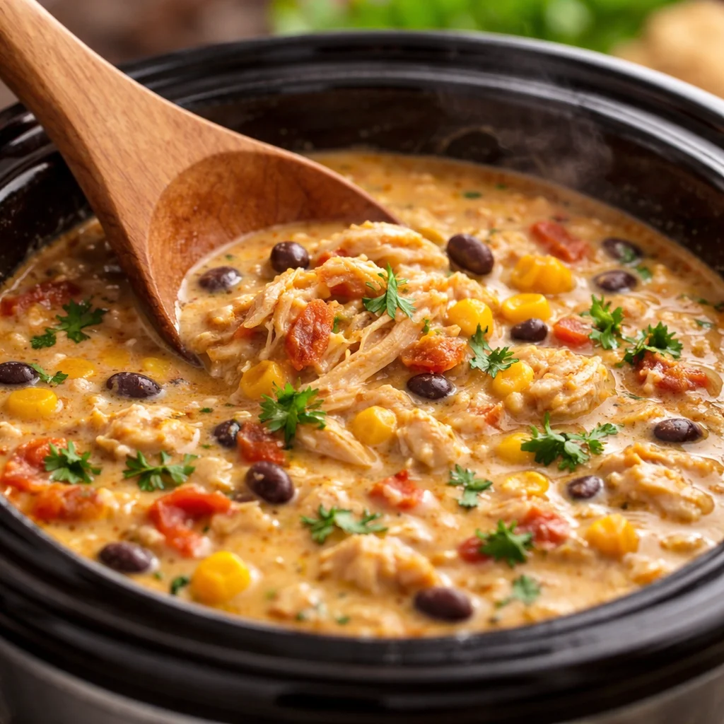 Delicious Crack Chicken Chili with chicken, bacon, cream cheese, and spices in a bowl.