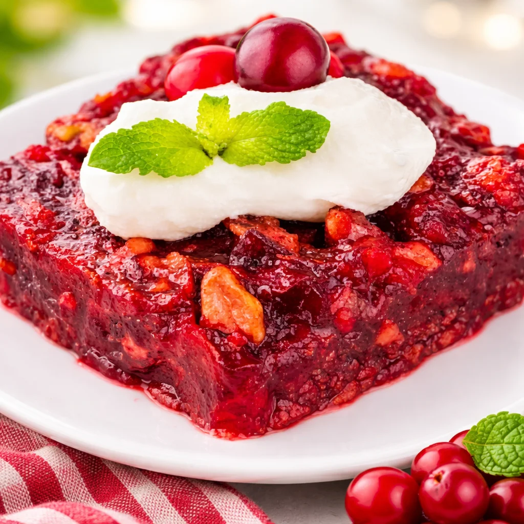 Delicious cranberry Jello salad with pineapple and cream cheese topping served in a bowl.