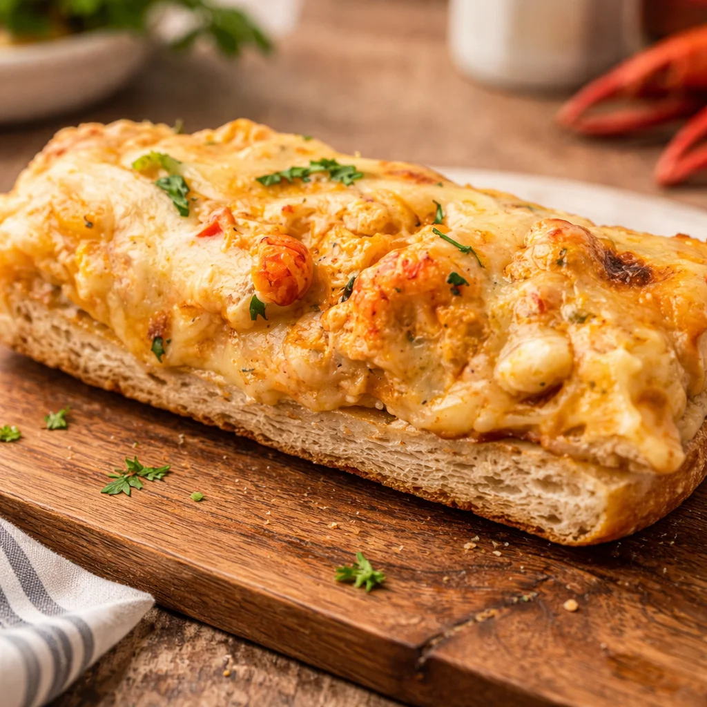 Crawfish bread topped with cheese and spices baked on French bread, a New Orleans delicacy.