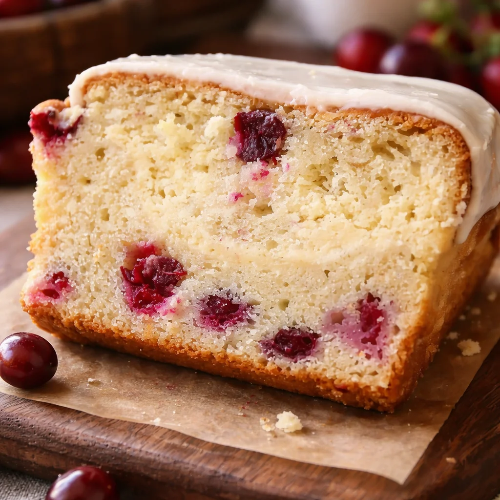 Slice of moist Cream Cheese Cranberry Bread showcasing cranberries and cream cheese swirl.