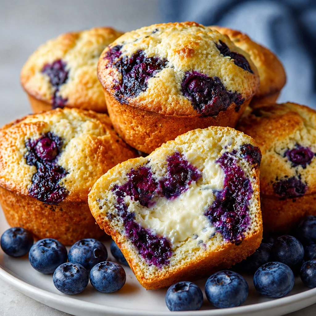 Cream Cheese Stuffed Lemon Blueberry Muffins with blueberry and lemon zest topping