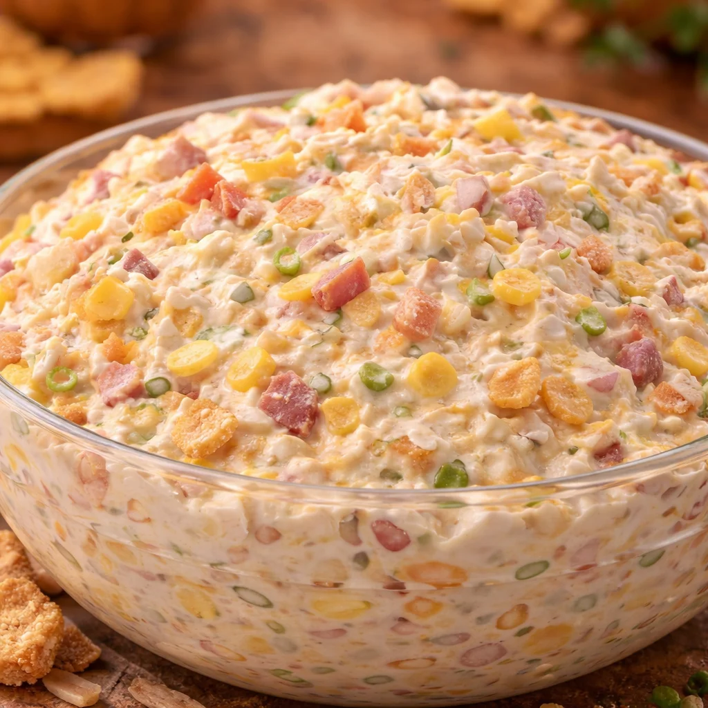 A bowl of Creamy Cowboy Caviar dip loaded with beans, corn, and colorful veggies.