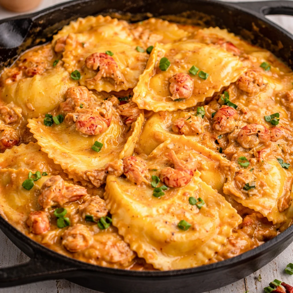 Creamy Crawfish Ravioli served with a rich Cajun cream sauce and garnished.