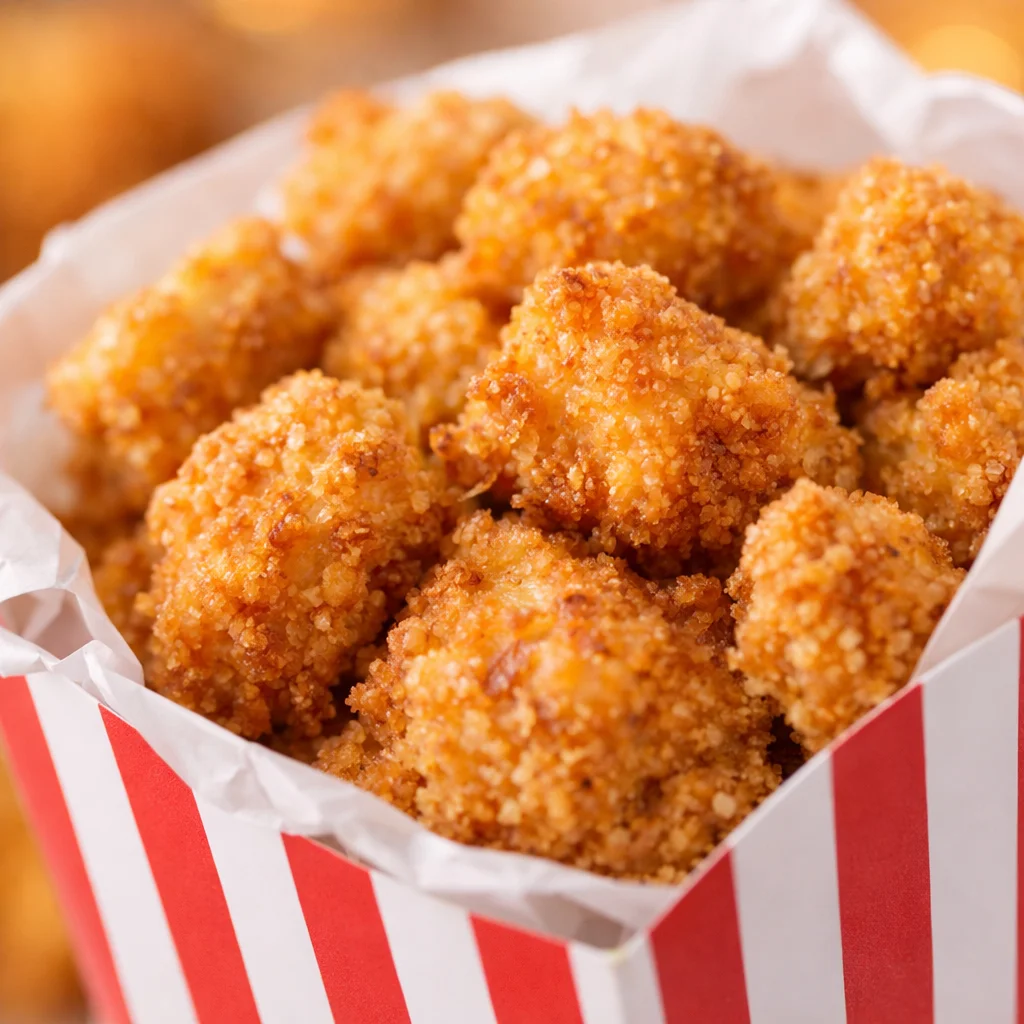 Crispy popcorn chicken bites served on a plate with dipping sauce.