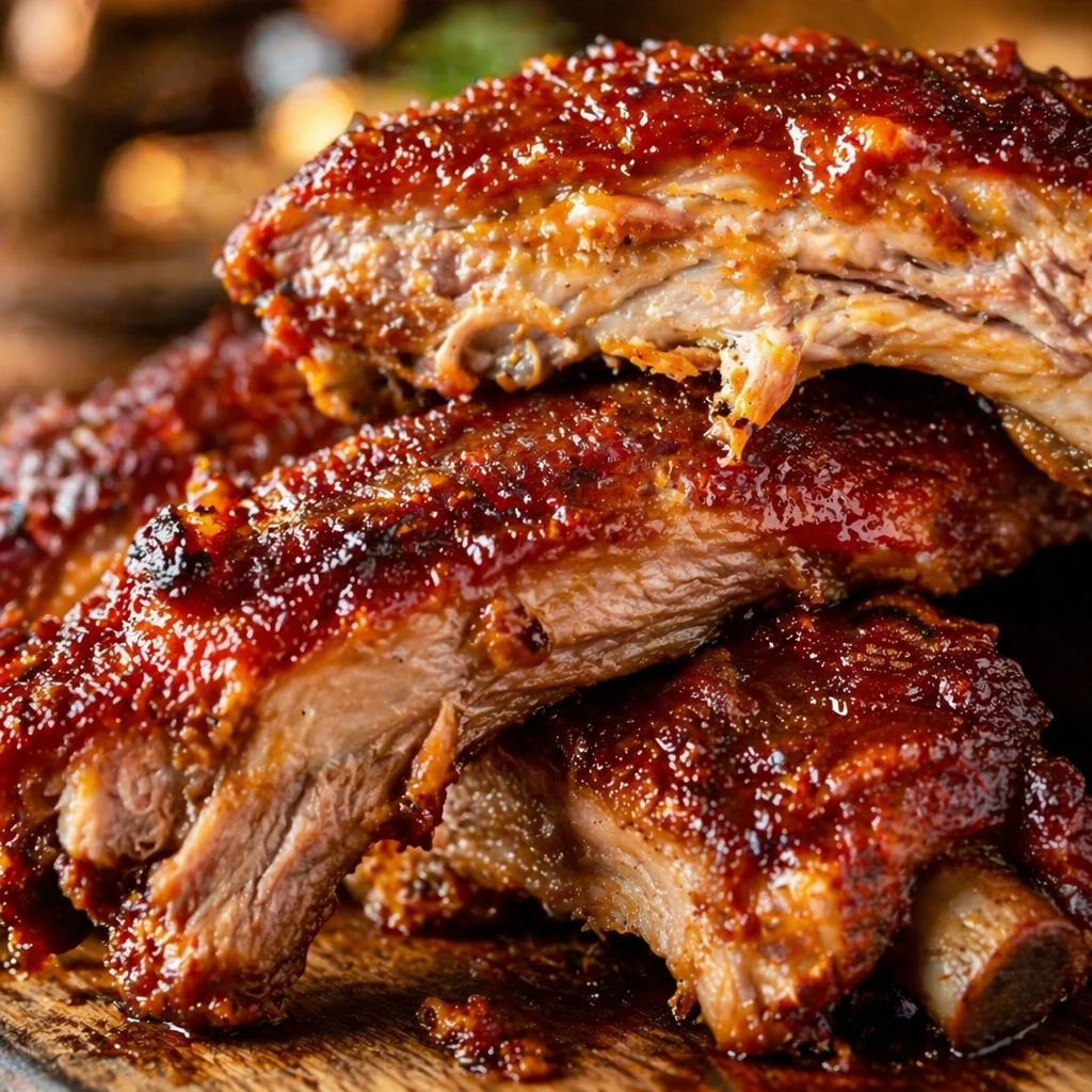 Delicious fall off the bone ribs ready for serving with BBQ sauce.