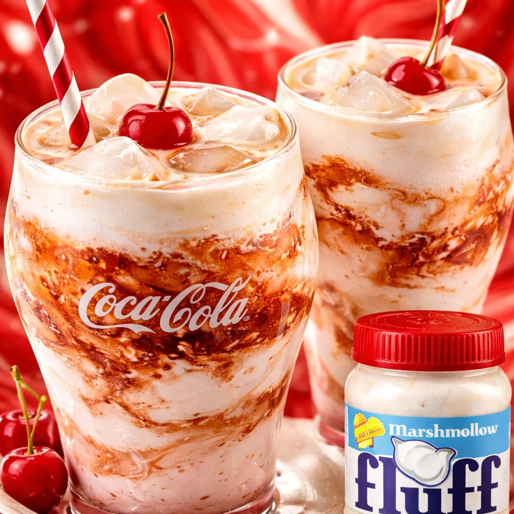 Fluffy Coke drink with marshmallow fluff on a white table.