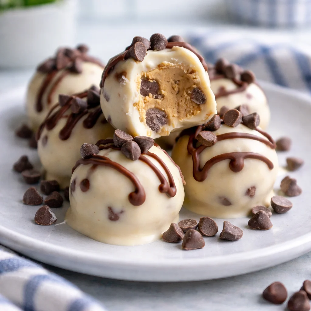 Delicious Frozen Greek Yogurt Peanut Butter Bites coated in chocolate and topped with peanuts.