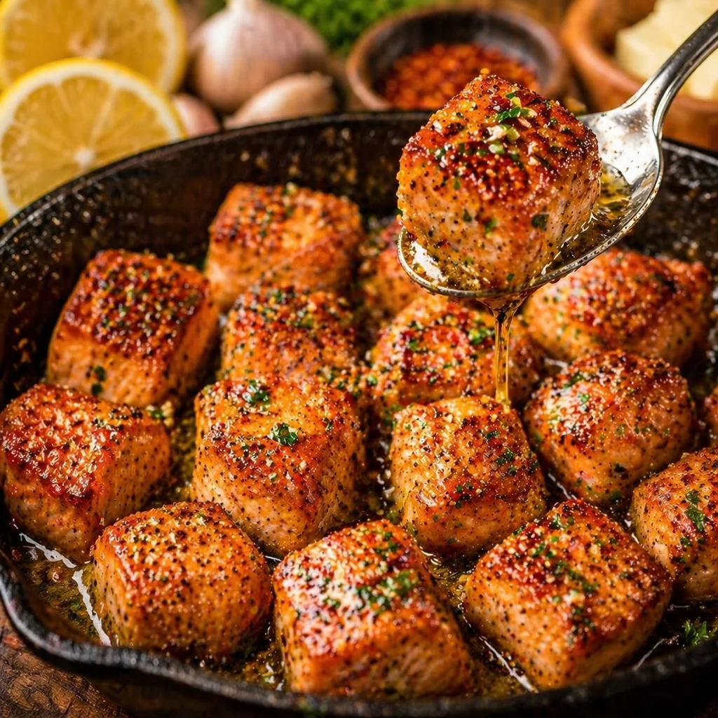 Garlic Butter Salmon Bites with Lemon Herb Rice served in a bowl.