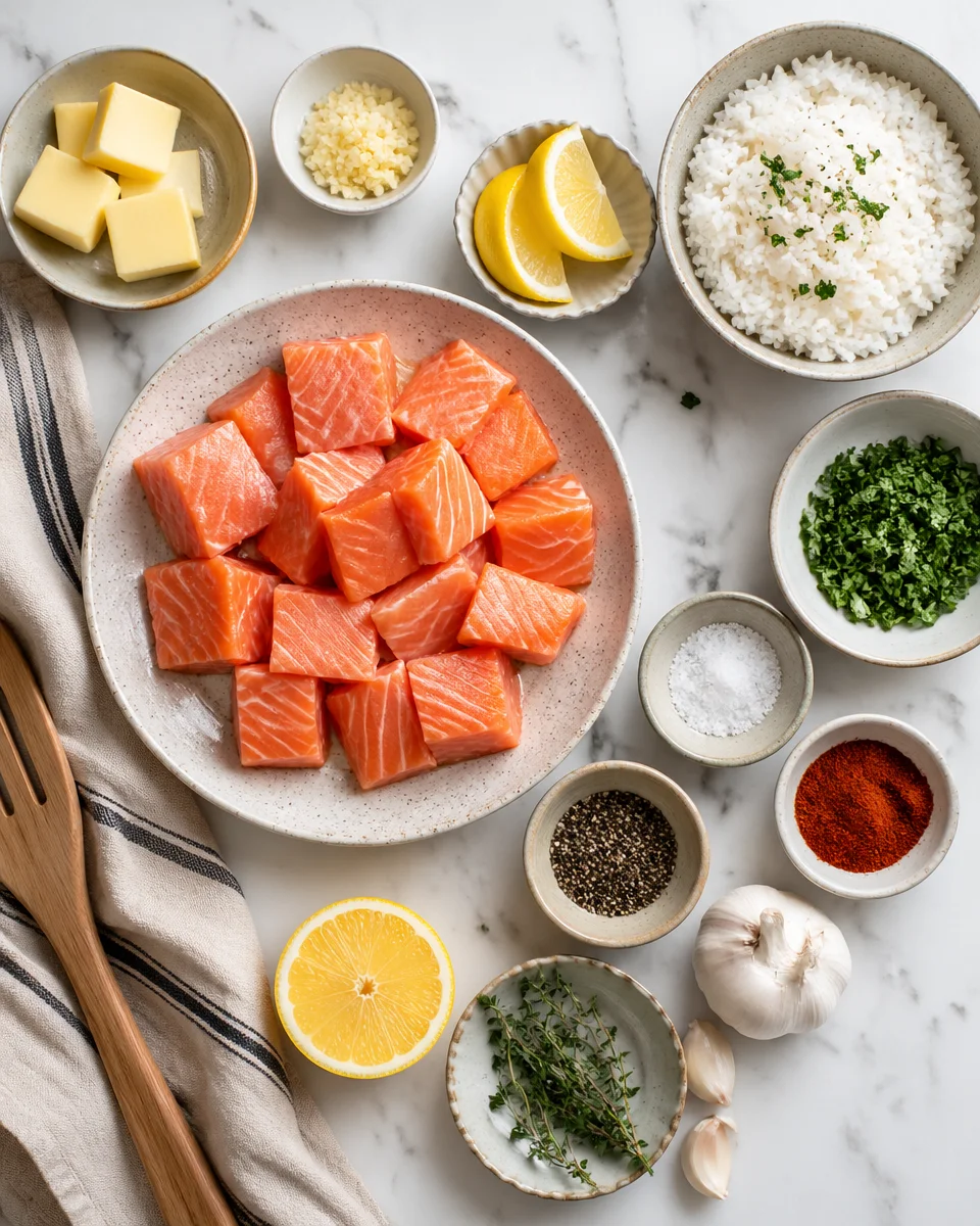 Garlic Butter Salmon Bites with Lemon Herb Rice