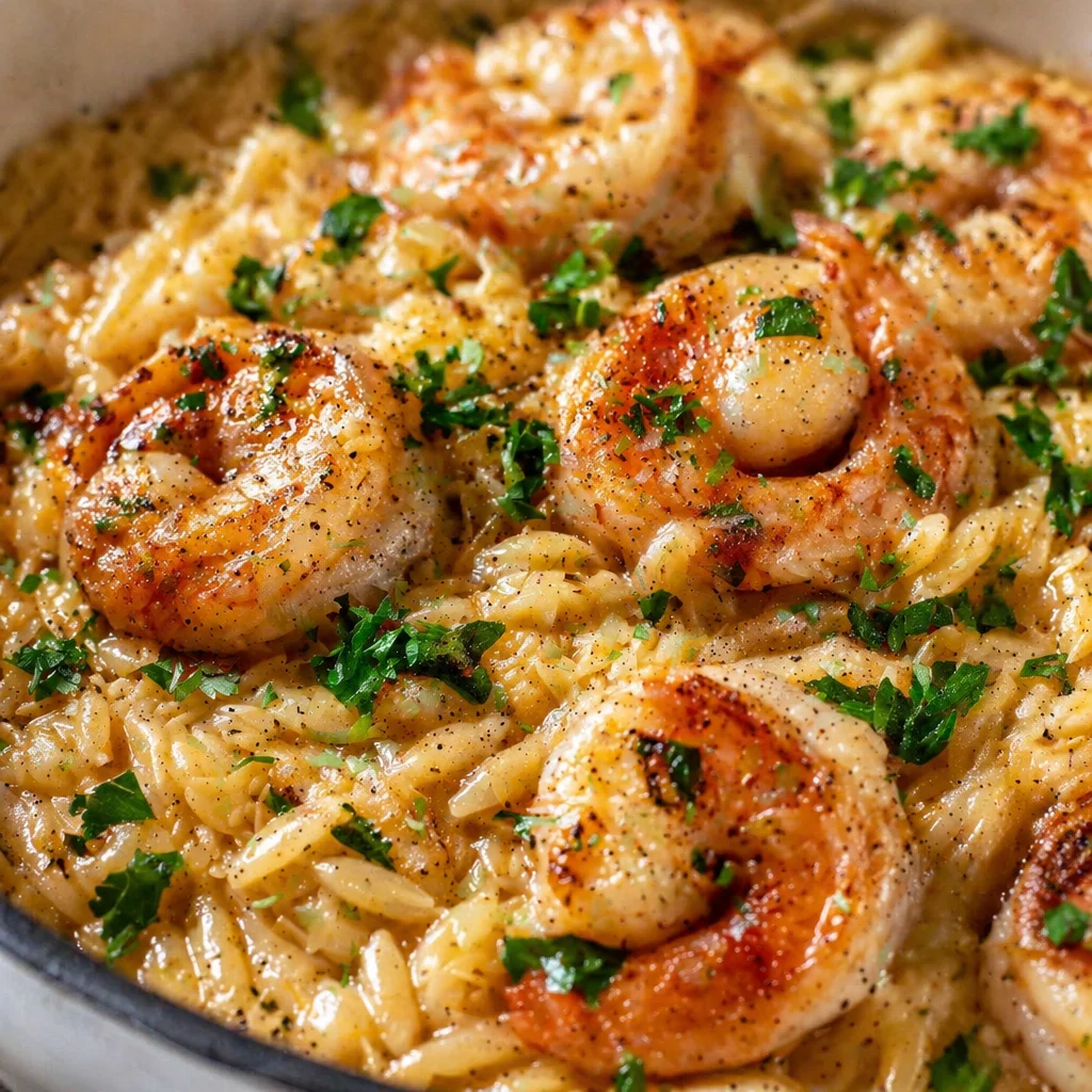 Garlic Butter Shrimp and Creamy Parmesan Orzo dish garnished with herbs.