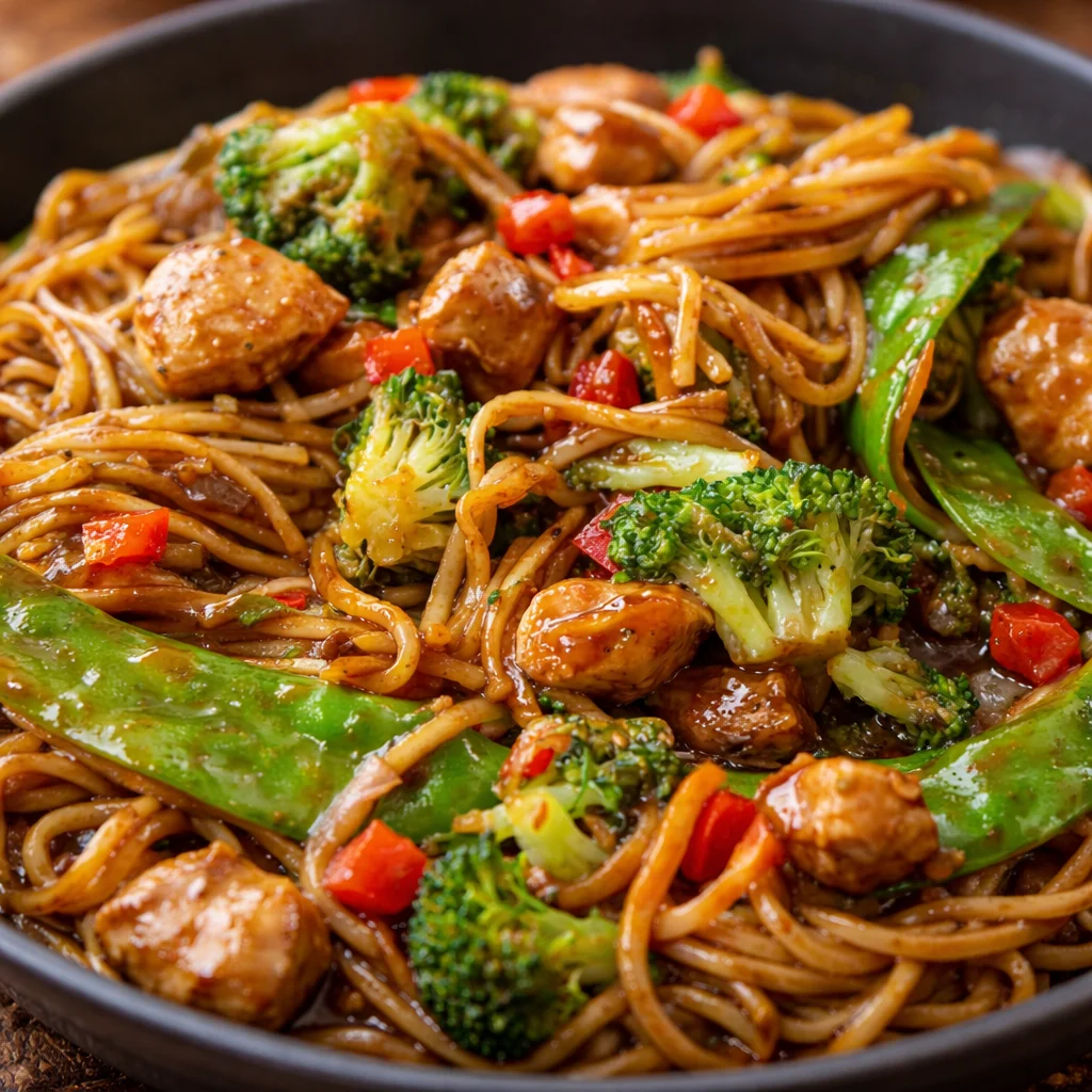 Delicious Garlic Chicken Lo Mein with stir-fried noodles and savory garlic sauce.