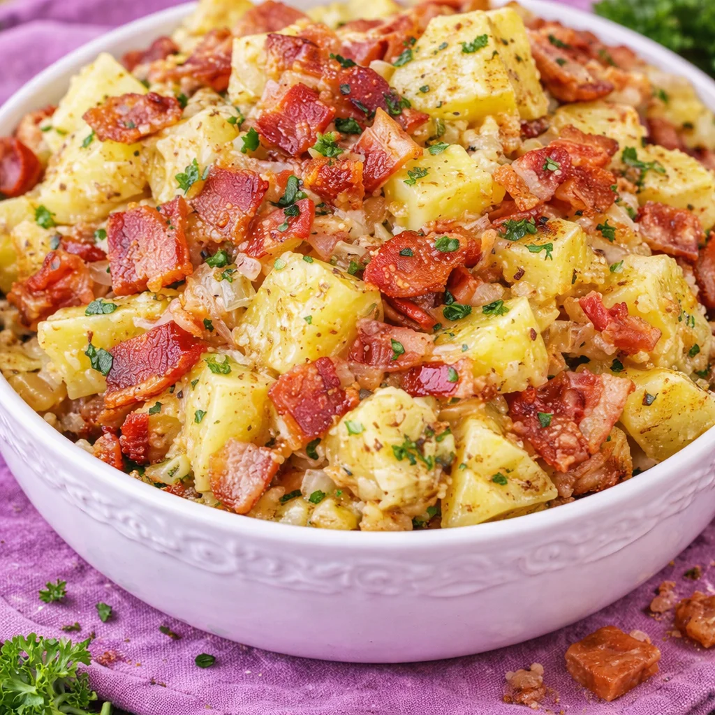 Authentic German potato salad with potatoes, bacon, onions, and mustard vinaigrette dressing.