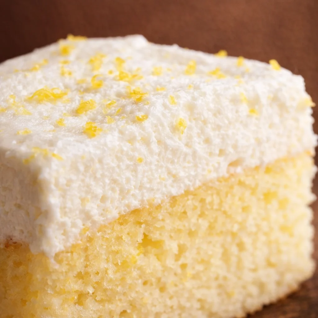 Slice of Grandma's Lemon Custard Cake, showcasing its creamy texture and vibrant lemon flavor.