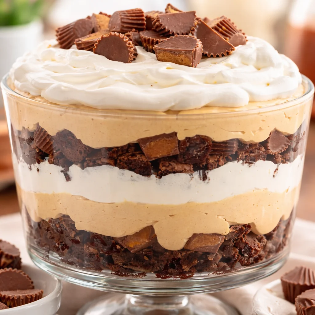 Delicious heaven in a bowl trifle with layers of brownies and peanut butter pudding.