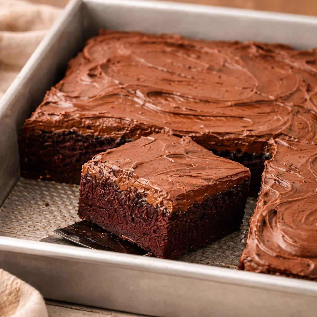 Hershey's Chocolate Cake topped with creamy chocolate frosting on a plate.