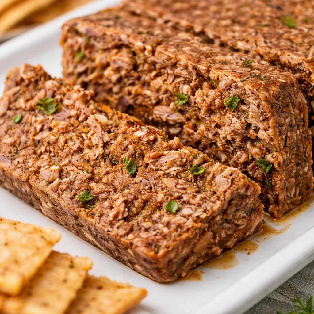 Hog Head Cheese served on a platter, showcasing its gelatinous texture and rich flavor.