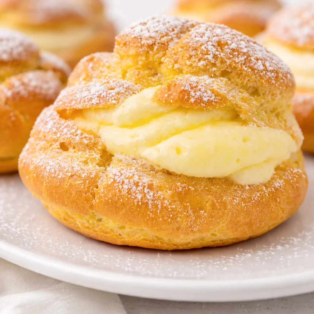 Homemade cream puffs filled with vanilla pastry cream, sprinkled with powdered sugar.