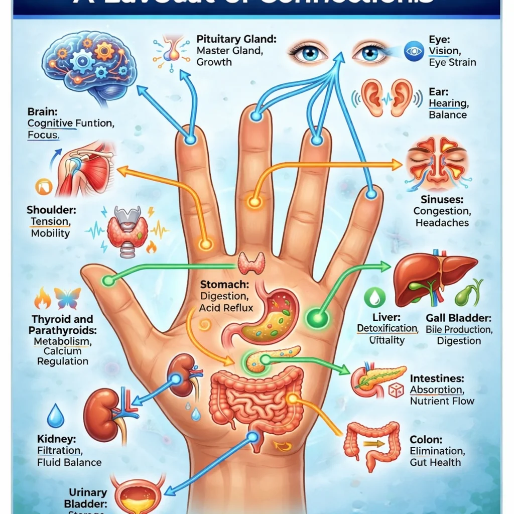 Diagram showing how hand characteristics reflect overall health and wellness connections.