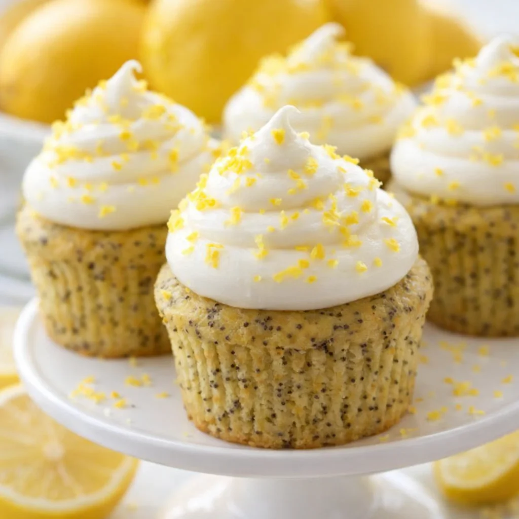 Delicious Lemon Poppy Seed Cupcakes made with cake mix, topped with lemon buttercream.