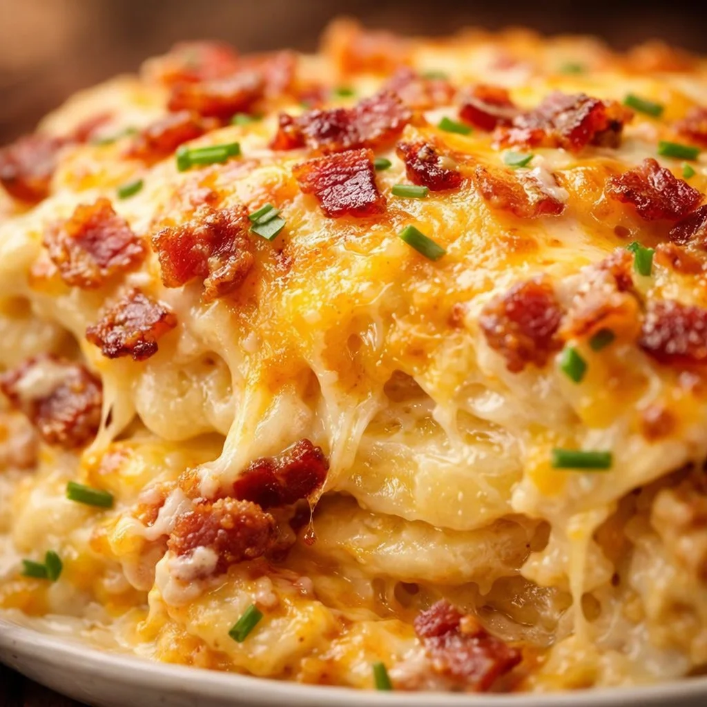 Baked Loaded Scalloped Potatoes topped with cheese, bacon, and green onions.