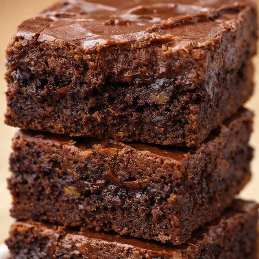 Homemade Lunch Lady Brownies topped with chocolate frosting on a plate.