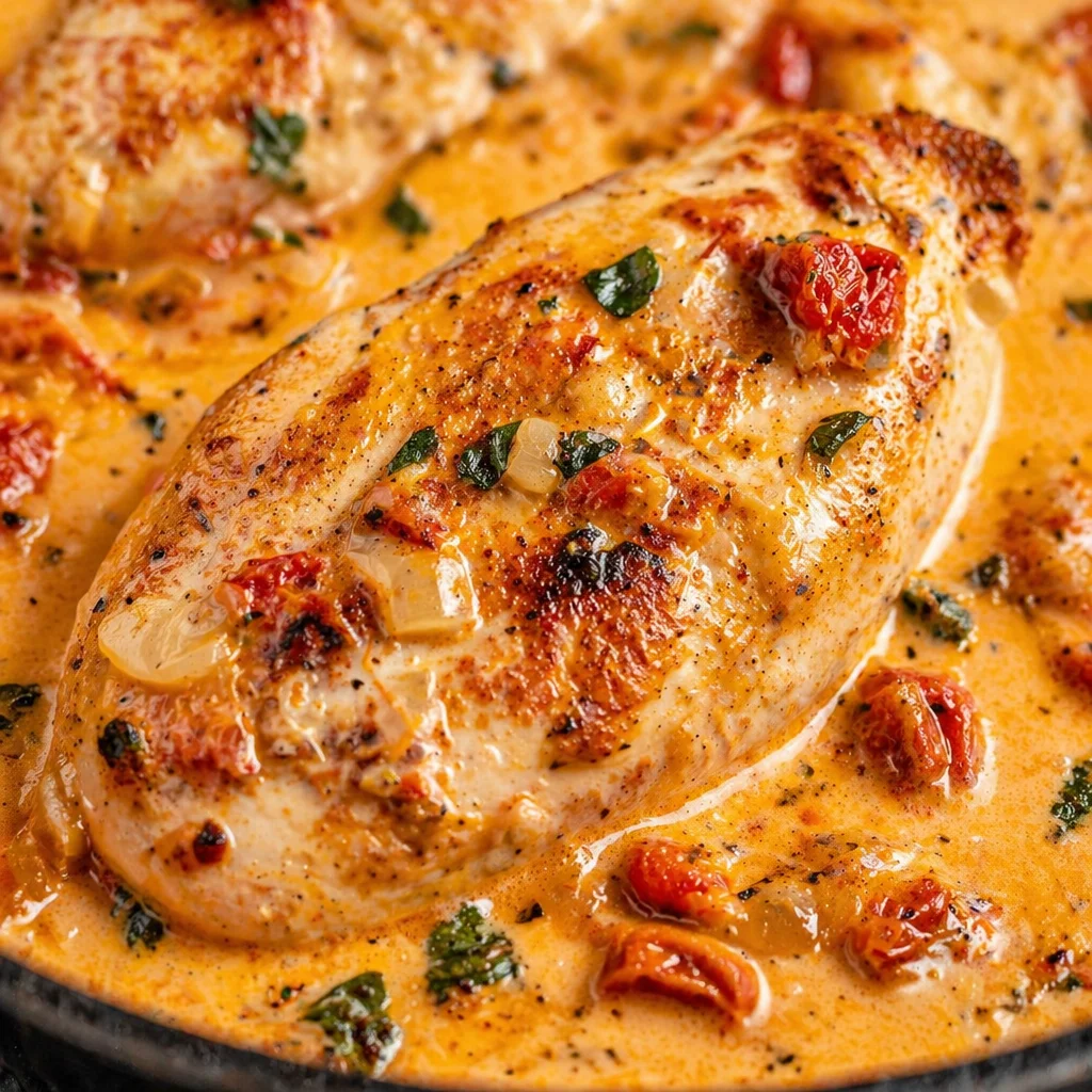 Creamy Marry Me Chicken served with sun-dried tomatoes and fresh parsley