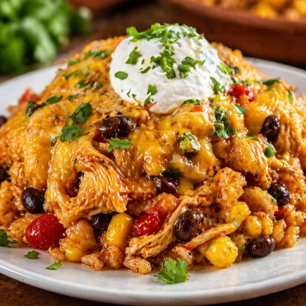 Delicious Mexican Chicken and Rice Casserole with beans, corn, and melted cheese.