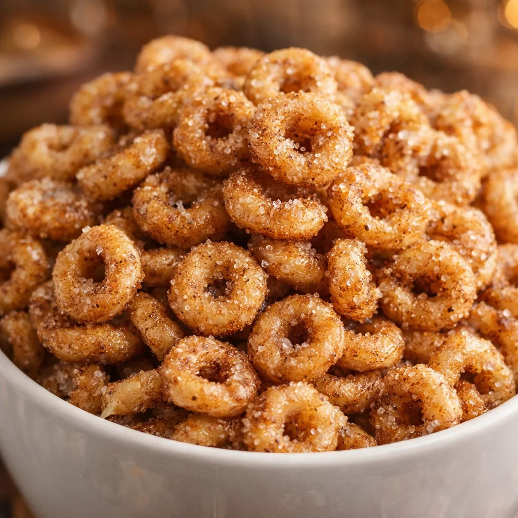 Delicious mini donut hot buttered Cheerios coated in cinnamon-sugar mixture.