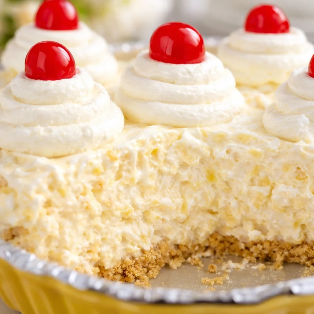 Delicious no bake pineapple pie with cream cheese and Cool Whip topping.