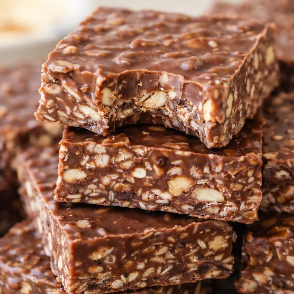 No-Bake Chocolate Peanut Butter Oat Bars with chocolate layer and oatmeal crust.