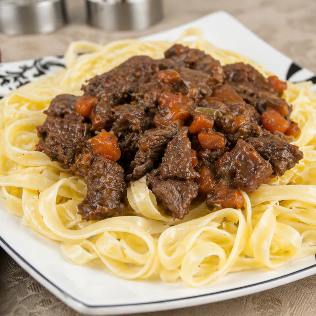 Bowl of Old Fashioned Beef Stew with tender beef and vegetables.